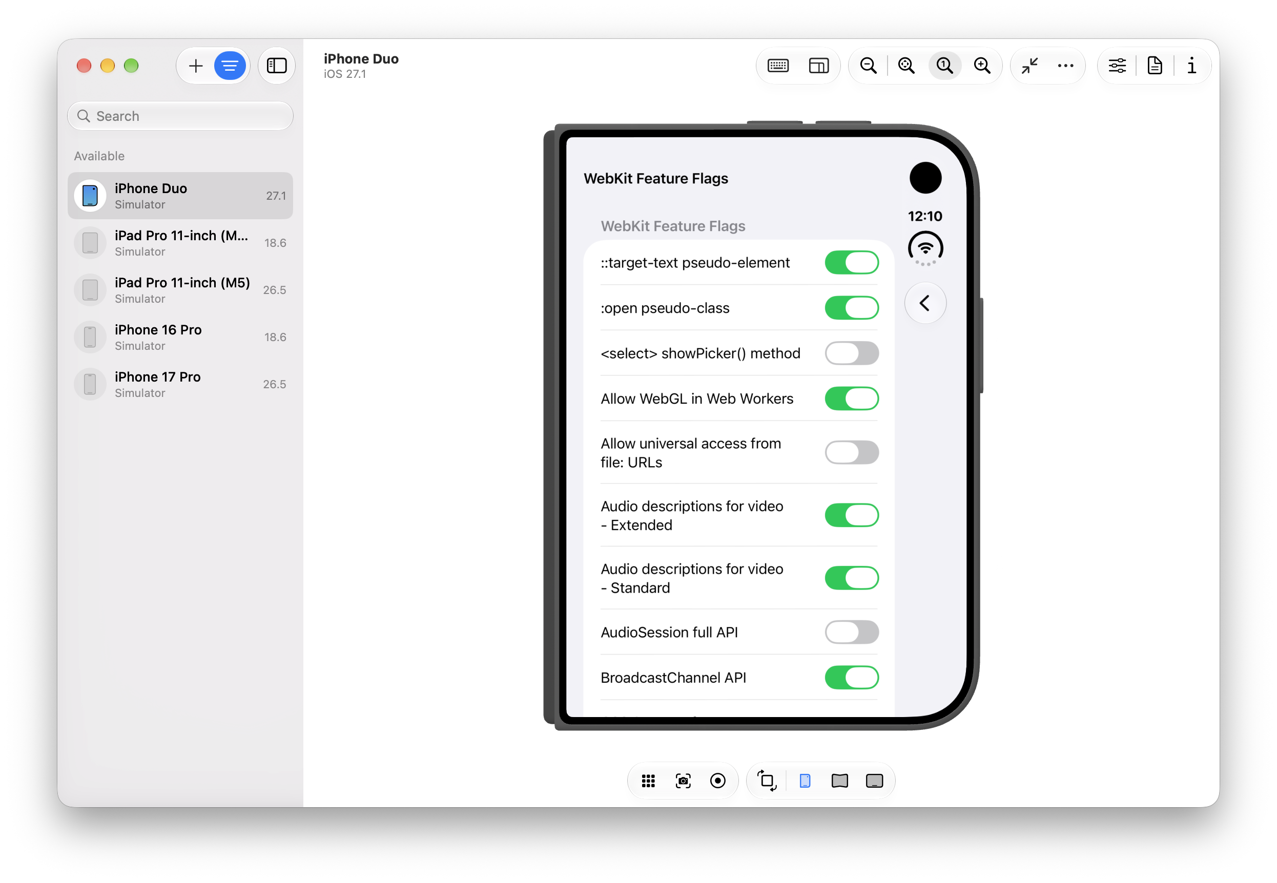 WebKit feature flags in the Settings app on a folded iPhone Duo in the Device Hub