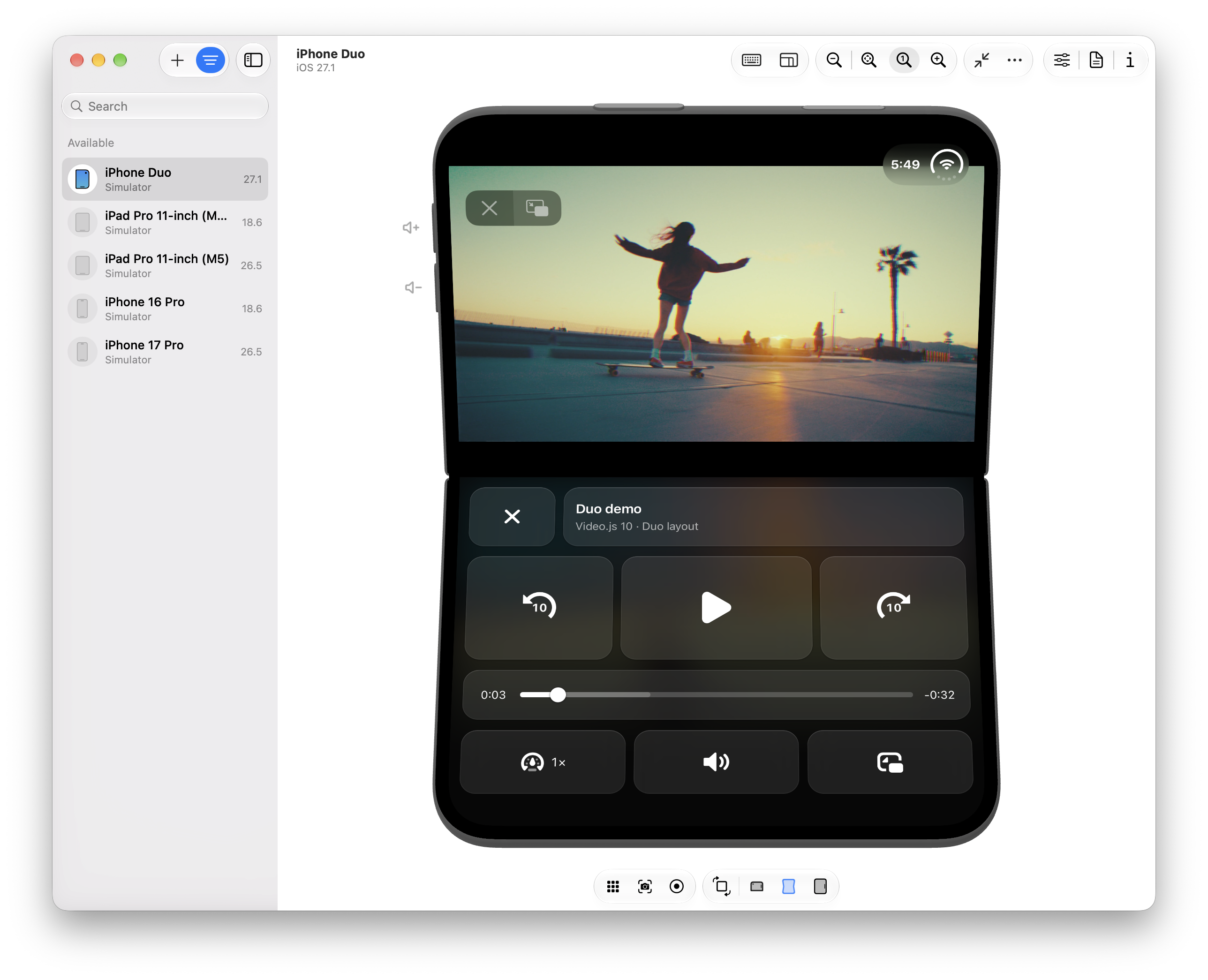 The same Video.js Duo layout with a blurred, mirrored reflection of the video glowing behind the bottom controls